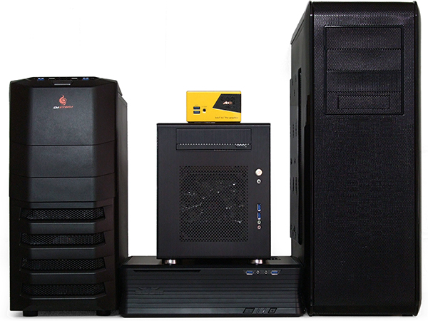 Computer Case form factors- Full Tower (Extreme right) Small Form Factor (Center), Horizontal Desktop (Bottom Center), Mid Tower (Extreme Left)